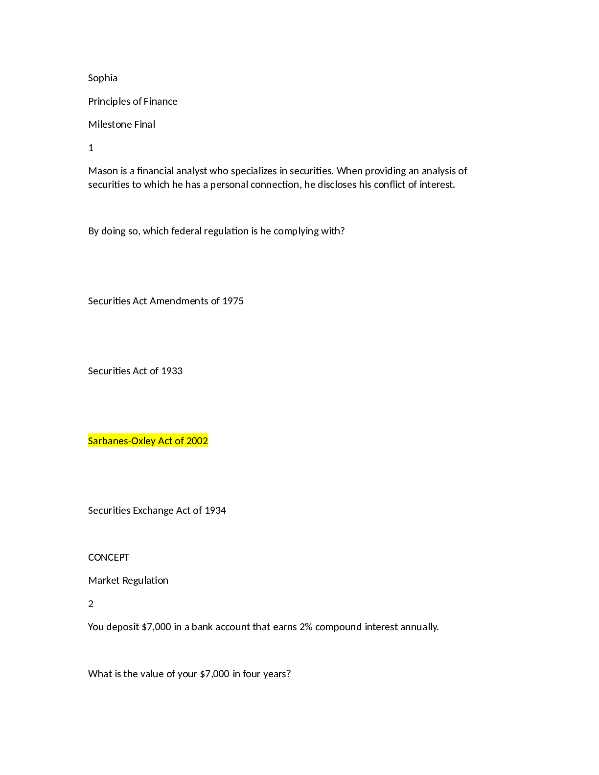Preview image for Sophia Finance Milestone Final_Complete Questions and Answers 2021